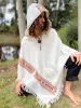 BHAVA Hooded Wool Poncho for Men White Handwoven Premium Pure Cashmere Hood Pockets Zen Embroidery Boho Gypsy Festival Mexican Aztec Celtic sold by Ajjaya