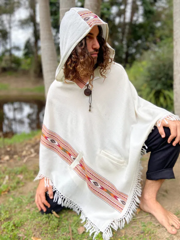 BHAVA Hooded Wool Poncho for Men White Handwoven Premium Pure Cashmere Hood Pockets Zen Embroidery Boho Gypsy Festival Mexican Aztec Celtic sold by Ajjaya