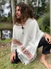 BHAVA Hooded Wool Poncho for Men White Handwoven Premium Pure Cashmere Hood Pockets Zen Embroidery Boho Gypsy Festival Mexican Aztec Celtic sold by Ajjaya