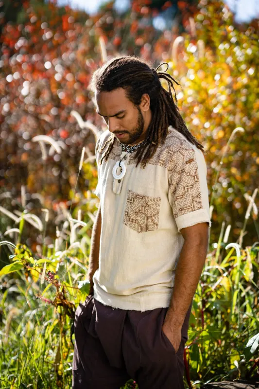 Tribal Shirt Mens ASURA Festival Top Beige Brown Sacred Plant Shipibo Pattern Pocket Ethnic T Shirt Shamanic Neo Tribal Gypsy Ritual Shaman Ethnic Handmade AJJAYA made by Ajjaya
