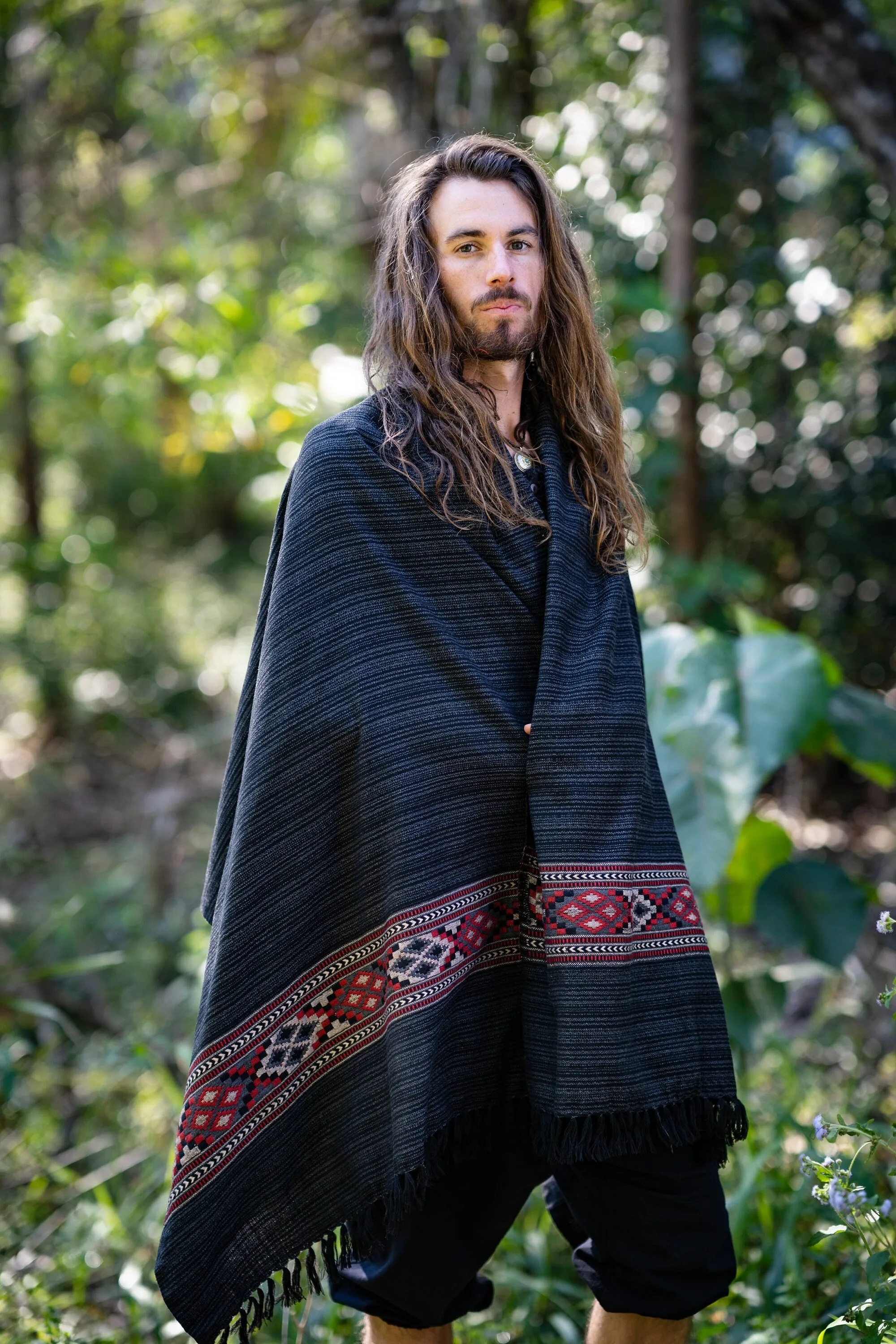 JHANA Meditation Prayer Shawl Blanket Cosy Grey Black Tibetan Tribal Celtic Embroidery Boho Zen AJJAYA sold by Ajjaya product image thumbnail 5