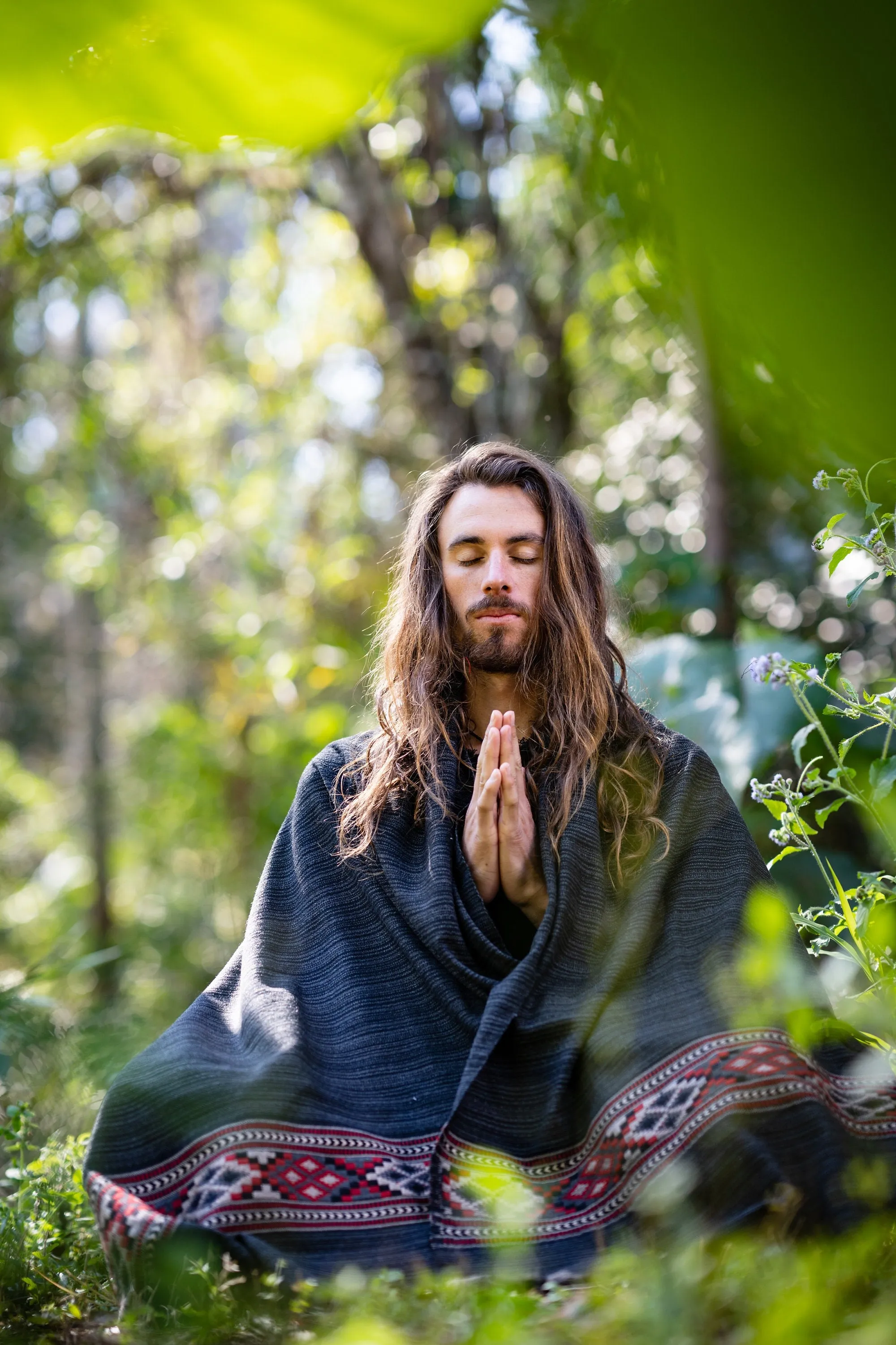 JHANA Meditation Prayer Shawl Blanket Cosy Grey Black Tibetan Tribal Celtic Embroidery Boho Zen AJJAYA sold by Ajjaya product image thumbnail 2