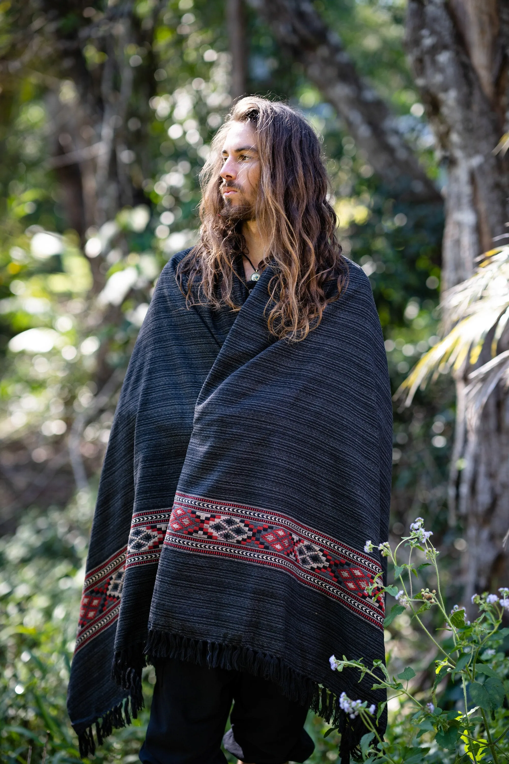 JHANA Meditation Prayer Shawl Blanket Cosy Grey Black Tibetan Tribal Celtic Embroidery Boho Zen AJJAYA sold by Ajjaya product image thumbnail 3