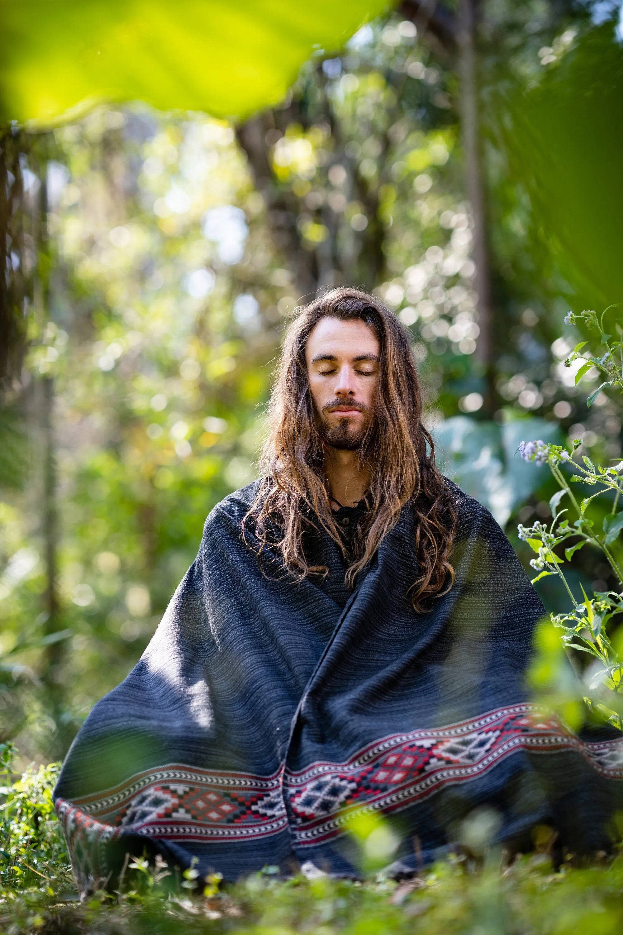 JHANA Meditation Prayer Shawl Blanket Cosy Grey Black Tibetan Tribal Celtic Embroidery Boho Zen AJJAYA sold by Ajjaya