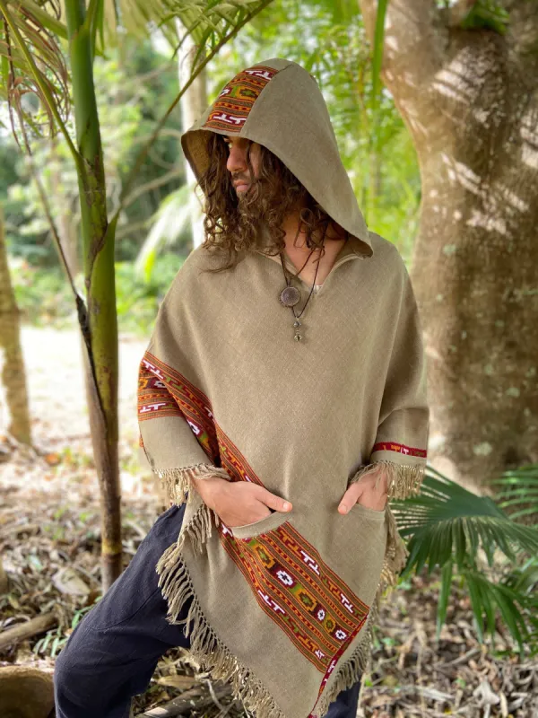 VIRIYA Men's Wool Poncho Cedar Brown Handwoven Premium Pure Cashmere Winter Zen Embroidery Boho Gypsy Festival Rave Mexican Aztec Celtic sold by Ajjaya