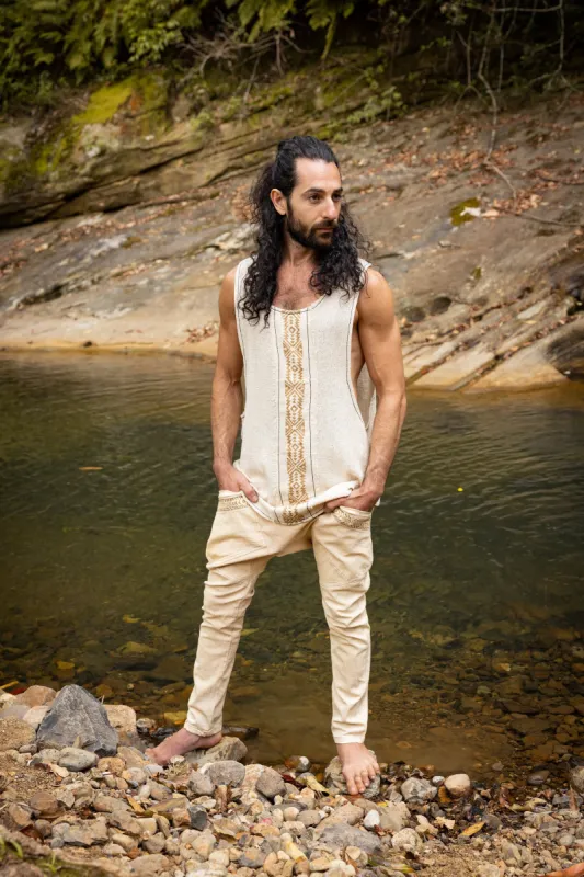 KAZA Mens Beige Tank Top Sleeveless Yoga Deep Cut Breathable Semi See-through Cotton Tribal Pattern Block Printed Festival Ceremonial AJJAYA sold by Ajjaya