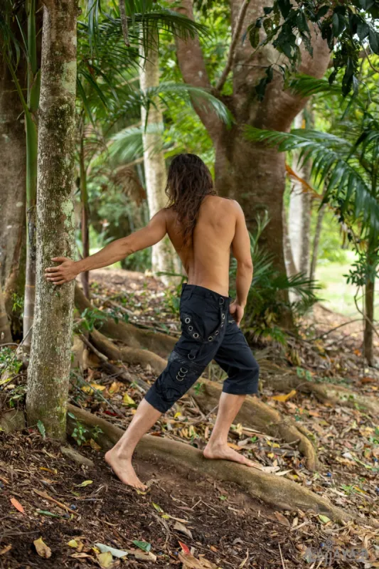 DAKRU Cargo Pants Black Mens Shorts Below Knee Tactical Functional Many Pockets Festival Tribal Nomadic Rave Steampunk Short Trousers AJJAYA sold by Ajjaya