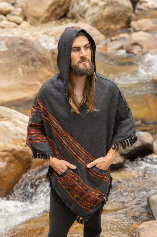 SAMADHI Mens Poncho Dark Grey Handmade Large Hood Pockets Earthy Tribal Pattern Festival AJJAYA Mexican sold by Ajjaya