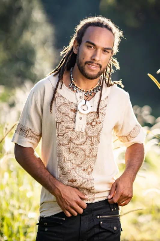 Mens WASKA Top Sacred Plant Shipibo Shaman Pattern T Shirt Shamanic Neo Tribal Gypsy Ritual Shaman Ethnic Handmade AJJAYA made by Ajjaya