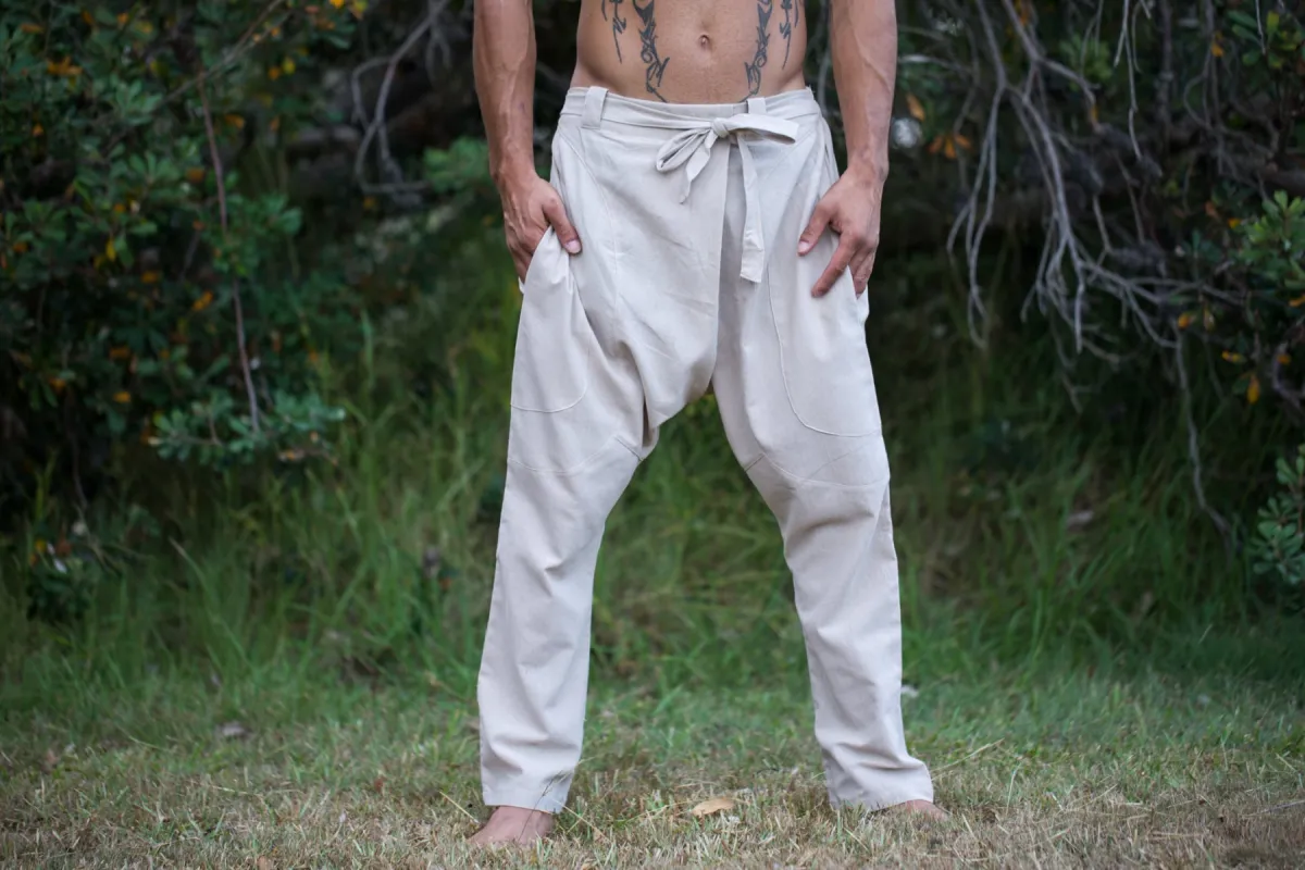 Mens Pants Beige Afghani Harem Drop Crotch, Primitive Handmade Comfortable Yoga Gypsy Boho Alibaba Aladdin Festival Goa two Pockets AJJAYA sold by Ajjaya