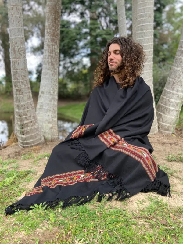 BHAVA Shawl Black Handwoven Wool Meditation Prayer Scarf Blanket Premium Pure Cashmere Tibetan Winter Tribal Zen Embroidery Boho AJJAYA sold by Ajjaya