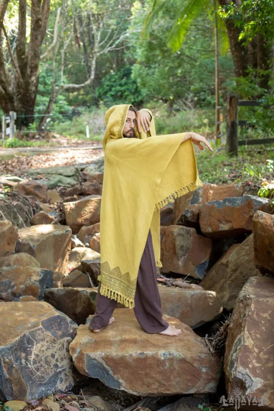 ANAGAMI Mustard Yellow Hooded Kimono Cape Poncho Robe Block Printed Natural Dyed Ceremony Ritual Shaman Tribal Alchemy Sacred Shawl AJJAYA sold by Ajjaya