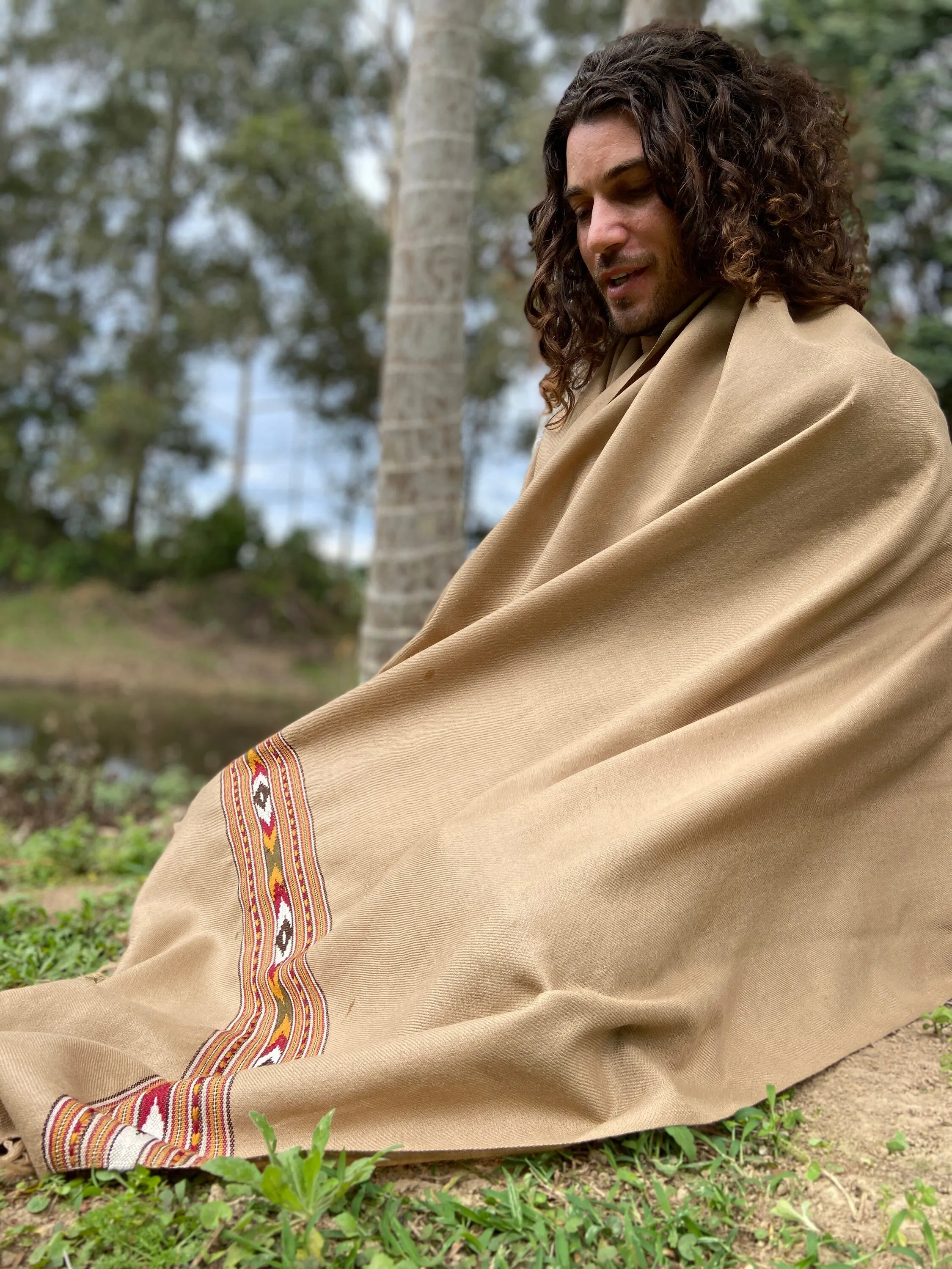 BHAVA Shawl Light Brown Handwoven Wool Meditation Prayer Scarf Blanket Premium Pure Cashmere Tibetan Winter Zen Embroidery Boho AJJAYA sold by Ajjaya product image thumbnail 3