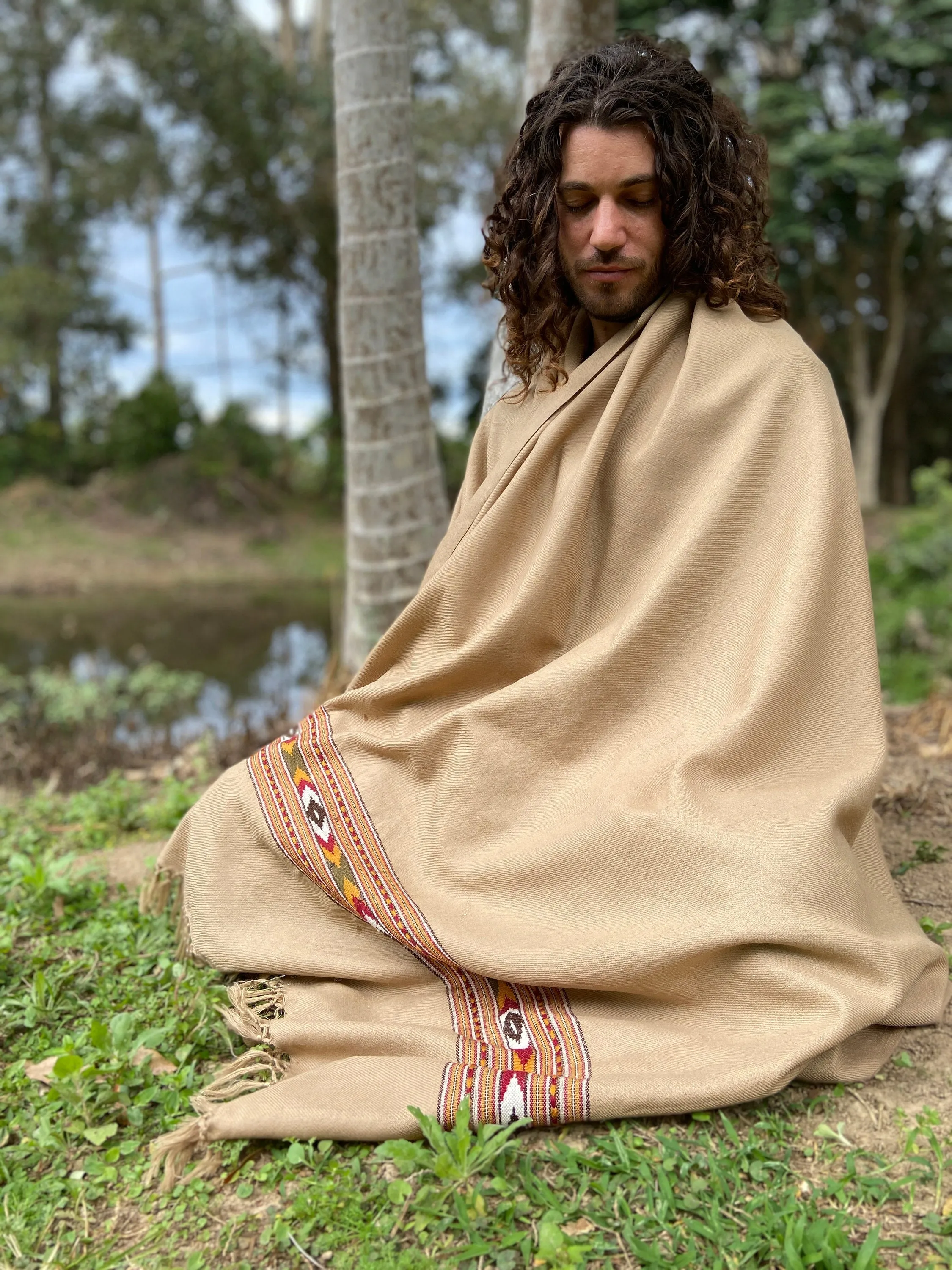 BHAVA Shawl Light Brown Handwoven Wool Meditation Prayer Scarf Blanket Premium Pure Cashmere Tibetan Winter Zen Embroidery Boho AJJAYA sold by Ajjaya product image thumbnail 4
