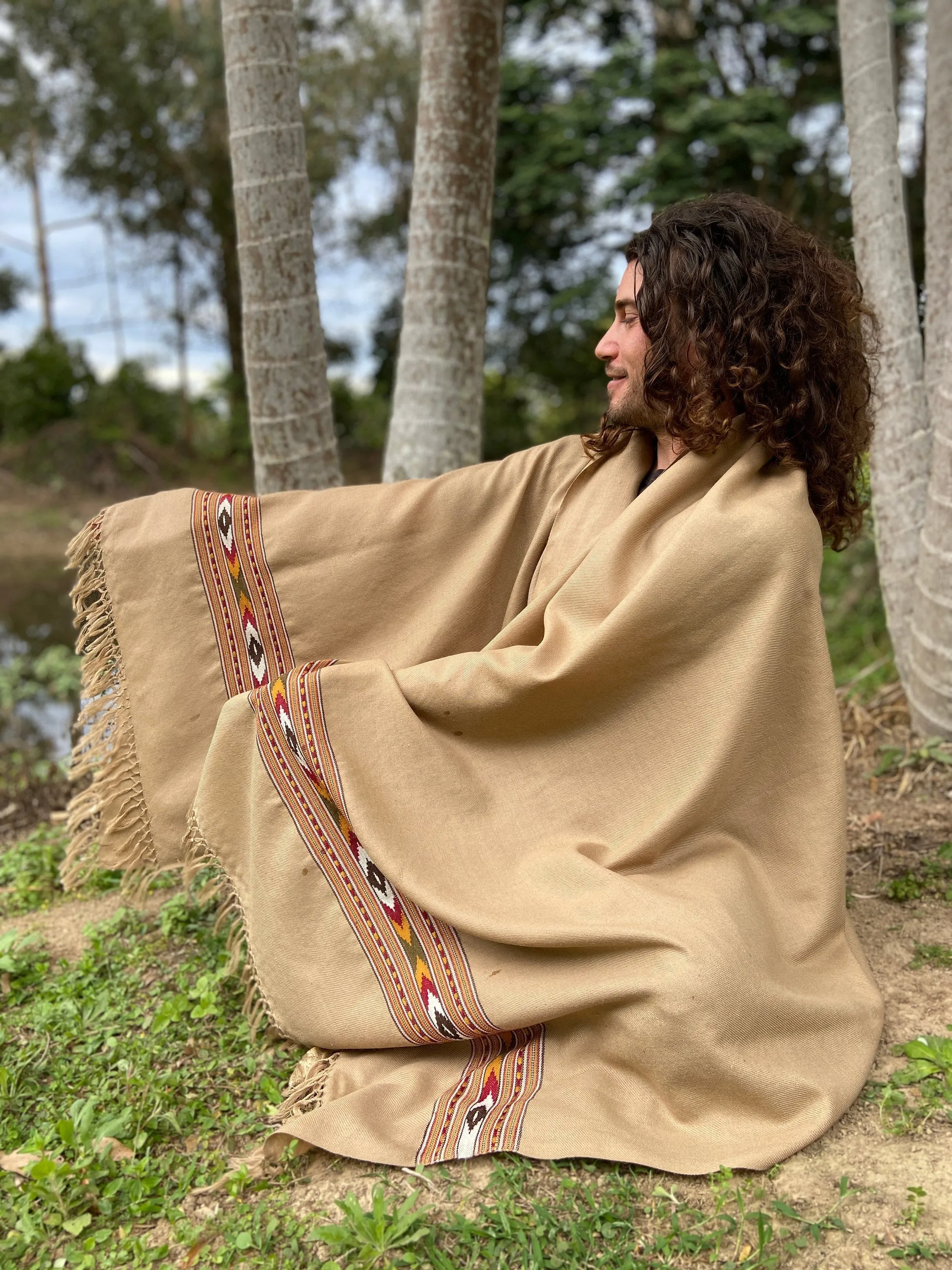 BHAVA Shawl Light Brown Handwoven Wool Meditation Prayer Scarf Blanket Premium Pure Cashmere Tibetan Winter Zen Embroidery Boho AJJAYA sold by Ajjaya