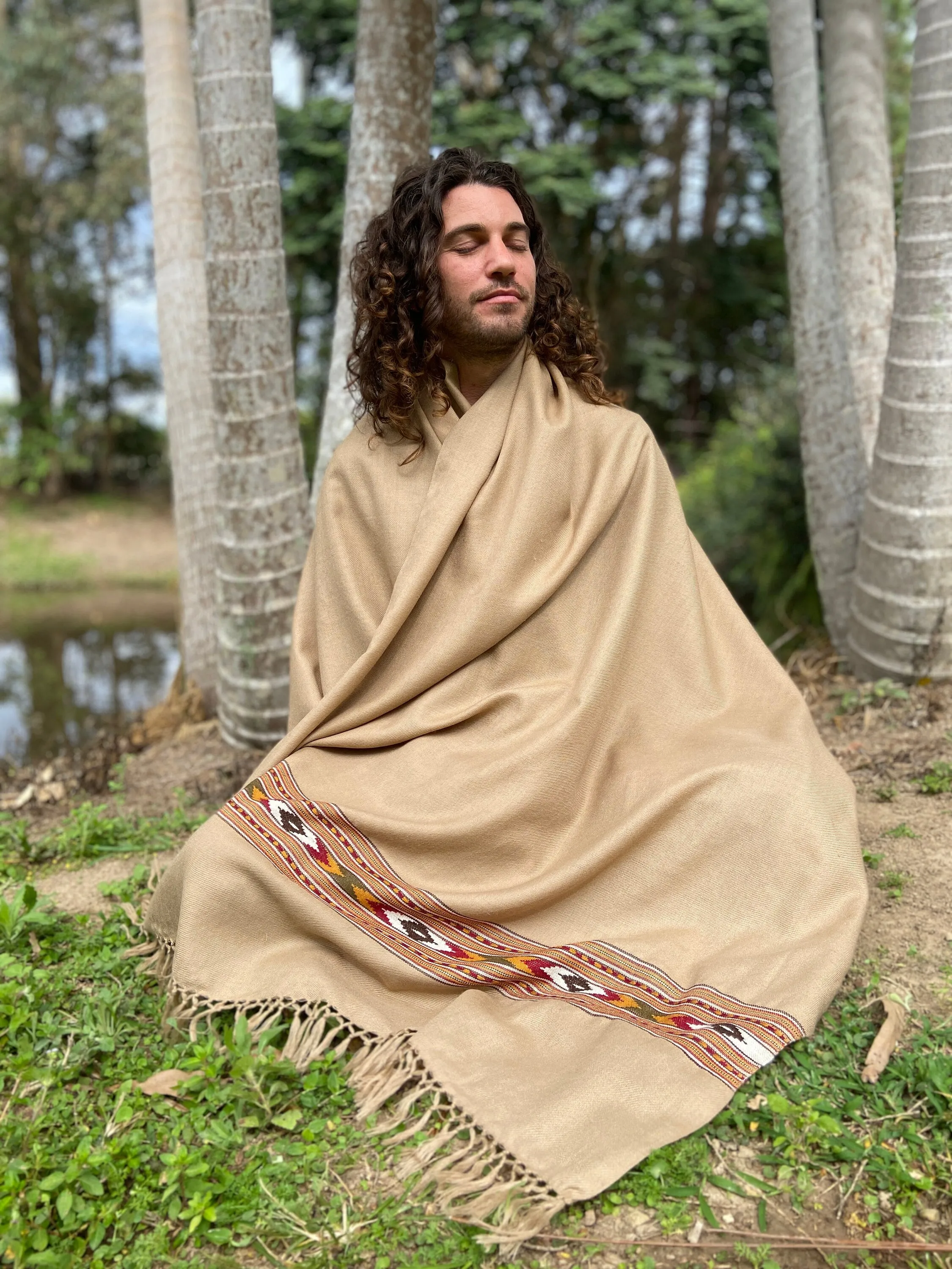 BHAVA Shawl Light Brown Handwoven Wool Meditation Prayer Scarf Blanket Premium Pure Cashmere Tibetan Winter Zen Embroidery Boho AJJAYA sold by Ajjaya product image thumbnail 5