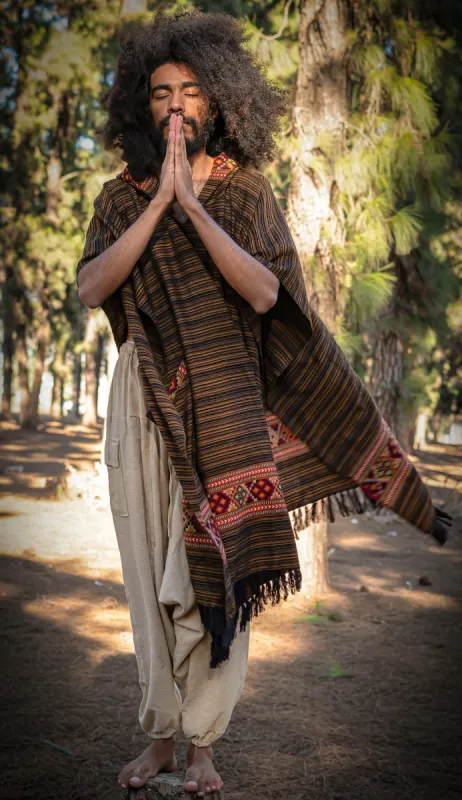 JHANA Mens Hooded Poncho Long Bronze YAK and Acrylic Wool with Tribal Embroidery Hood Pockets Hippie Primitive Boho Nomadic Mexican AJJAYA sold by Ajjaya