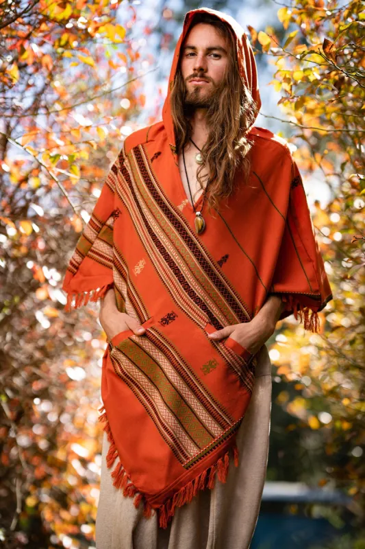 HODDI Mens Orange Hooded Cashmere and Acrylic Wool Poncho Hood Pockets Earthy Tribal Pattern Festival AJJAYA Mexican Primitive Natural Boho sold by Ajjaya