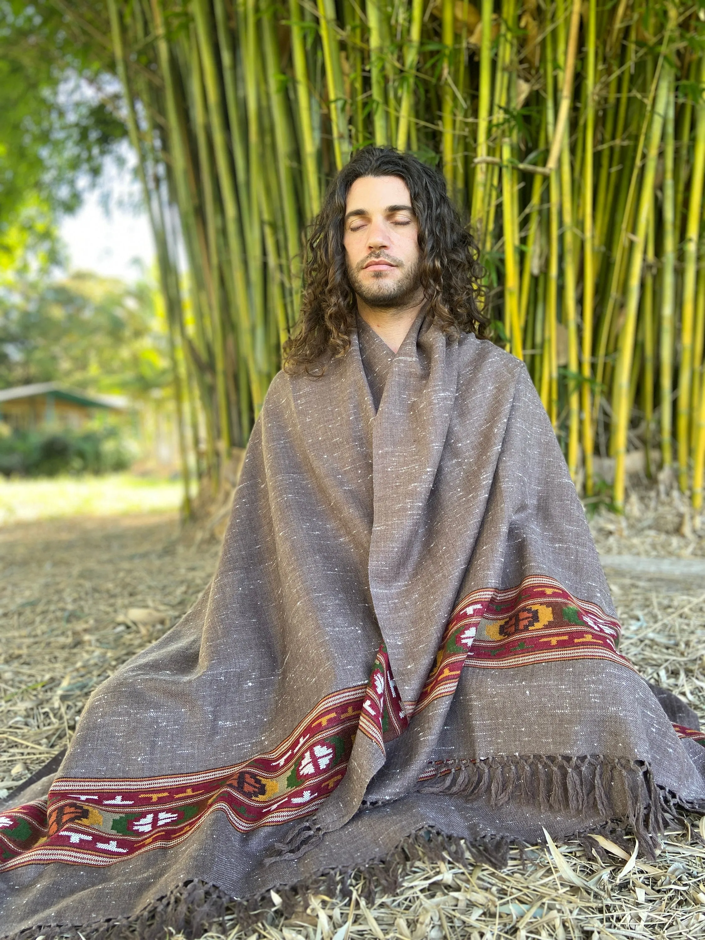 SATI Shawl Grey Handwoven Wool Meditation Prayer Scarf Blanket Premium Pure Cashmere Winter Tribal Zen Embroidery Boho Handmade AJJAYA sold by Ajjaya product image thumbnail 4