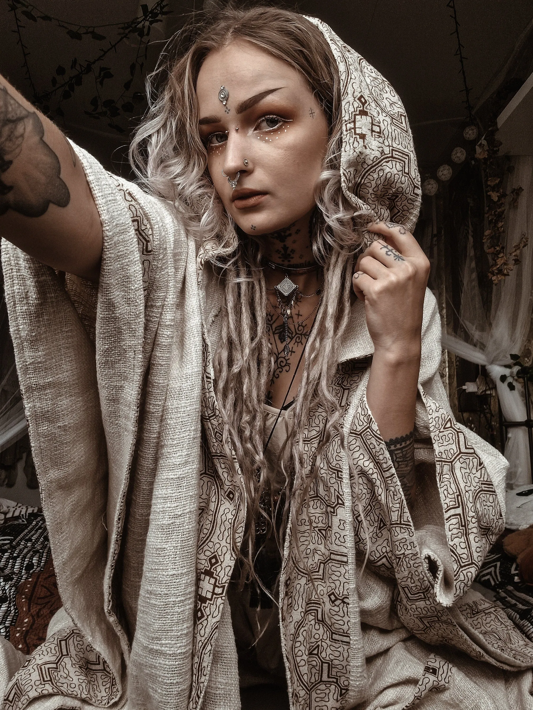 AYAWA Womens Kimono Cape Robe Beige Cream Hooded Shipibo Sacred