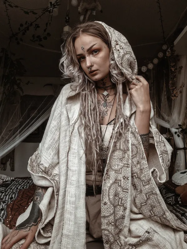 AYAWA Womens Kimono Cape Robe Beige Cream Hooded Shipibo Sacred Patterns Ceremony Ritual Shaman Tribal Shawl Viking Festival Wrap AJJAYA sold by Ajjaya