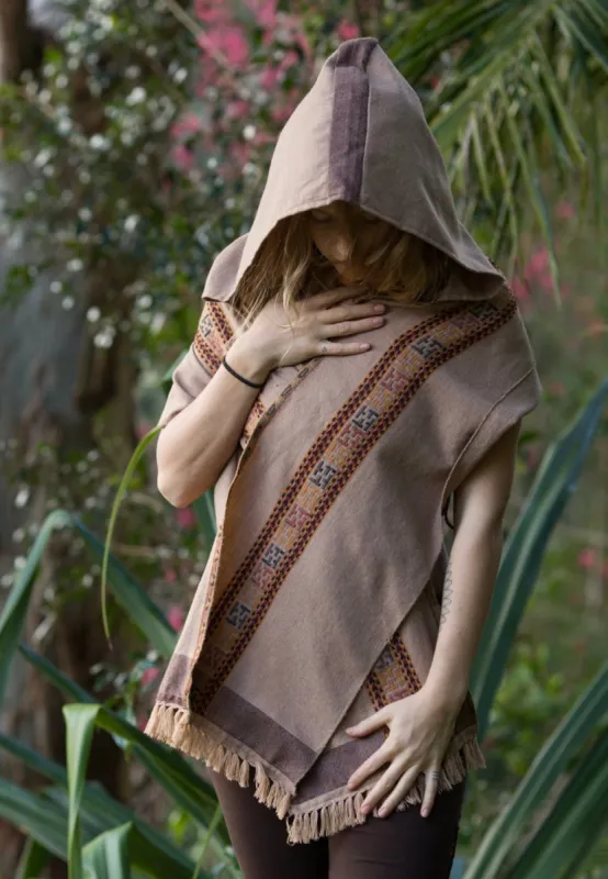 Handmade Scarf with Hood Kashmiri Wool Light Brown, Hoodie Earthy Tribal Pattern Rave Festival Gypsy Winter Warm Primitive Natural sold by Ajjaya