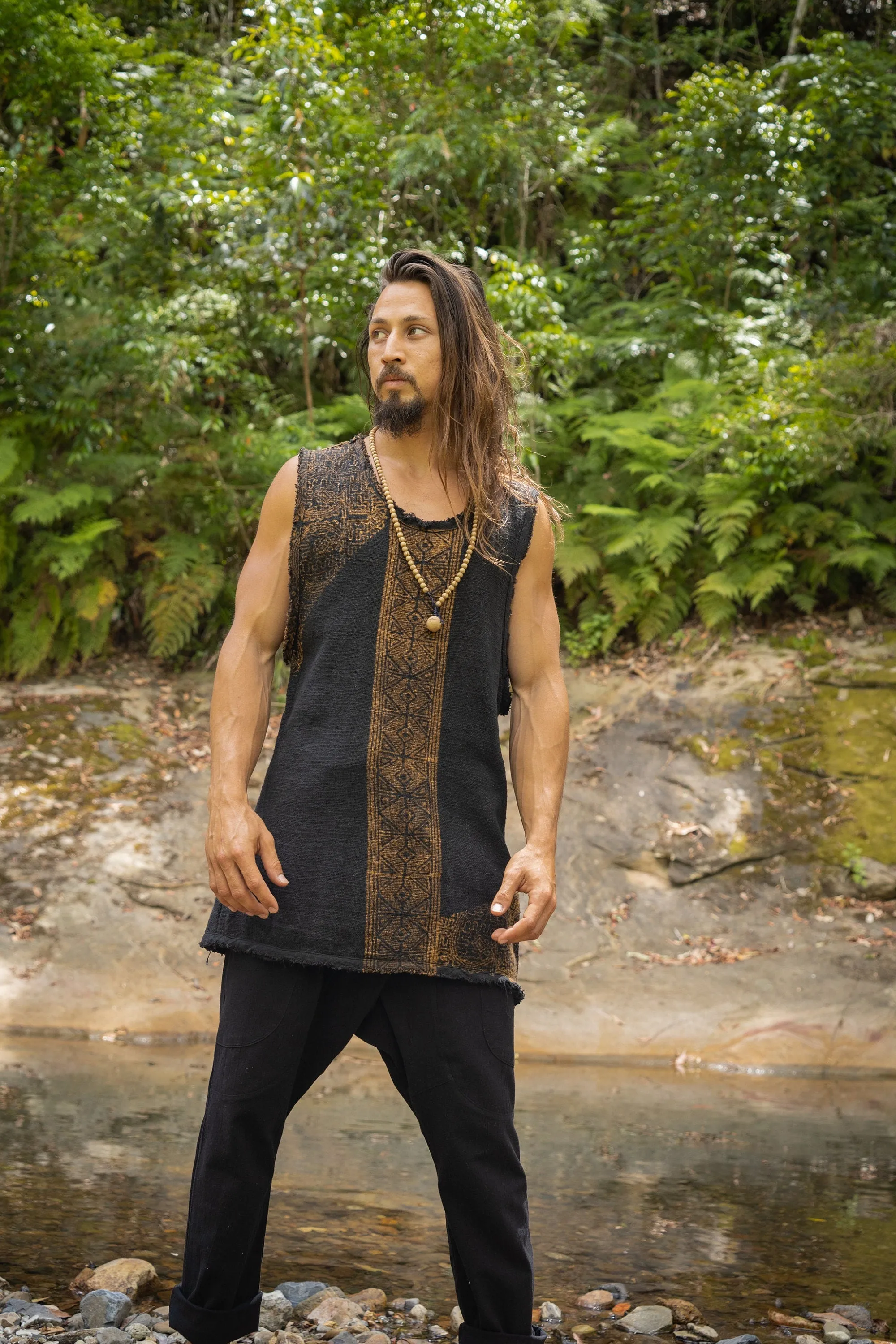 AKAU Tank Top Black Sleeveless Shirt Shipibo Block Printed Handmade Natural Muscle Cotton Shamanic Tribal Festival Ceremony Ritual AJJAYA sold by Ajjaya product image thumbnail 4