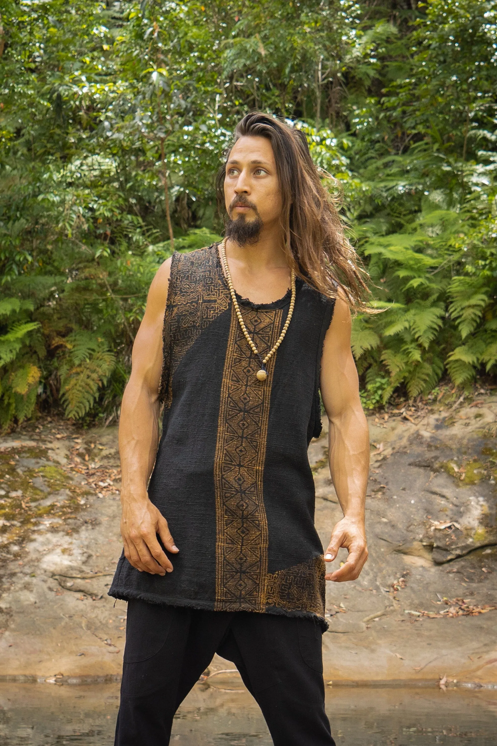 AKAU Tank Top Black Sleeveless Shirt Shipibo Block Printed Handmade Natural Muscle Cotton Shamanic Tribal Festival Ceremony Ritual AJJAYA sold by Ajjaya