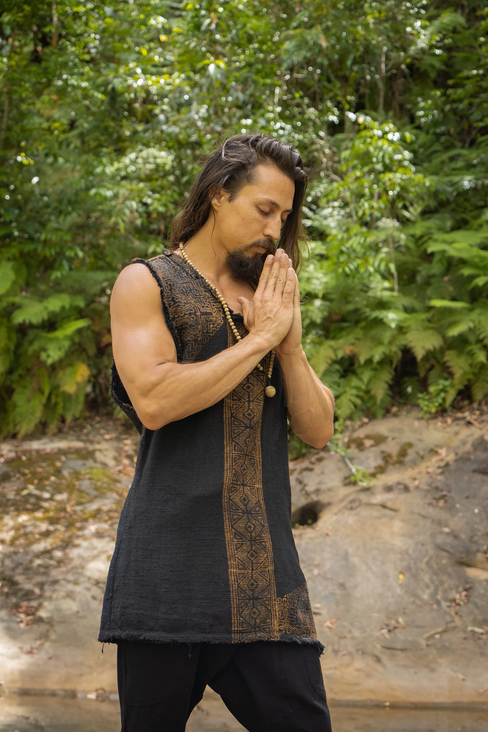 AKAU Tank Top Black Sleeveless Shirt Shipibo Block Printed Handmade Natural Muscle Cotton Shamanic Tribal Festival Ceremony Ritual AJJAYA sold by Ajjaya product image thumbnail 5