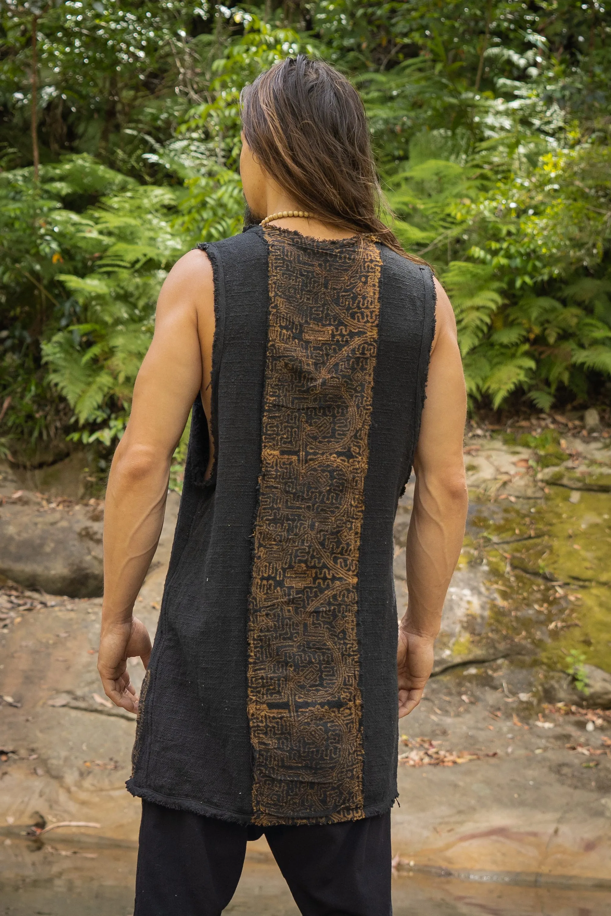 AKAU Tank Top Black Sleeveless Shirt Shipibo Block Printed Handmade Natural Muscle Cotton Shamanic Tribal Festival Ceremony Ritual AJJAYA sold by Ajjaya product image thumbnail 2