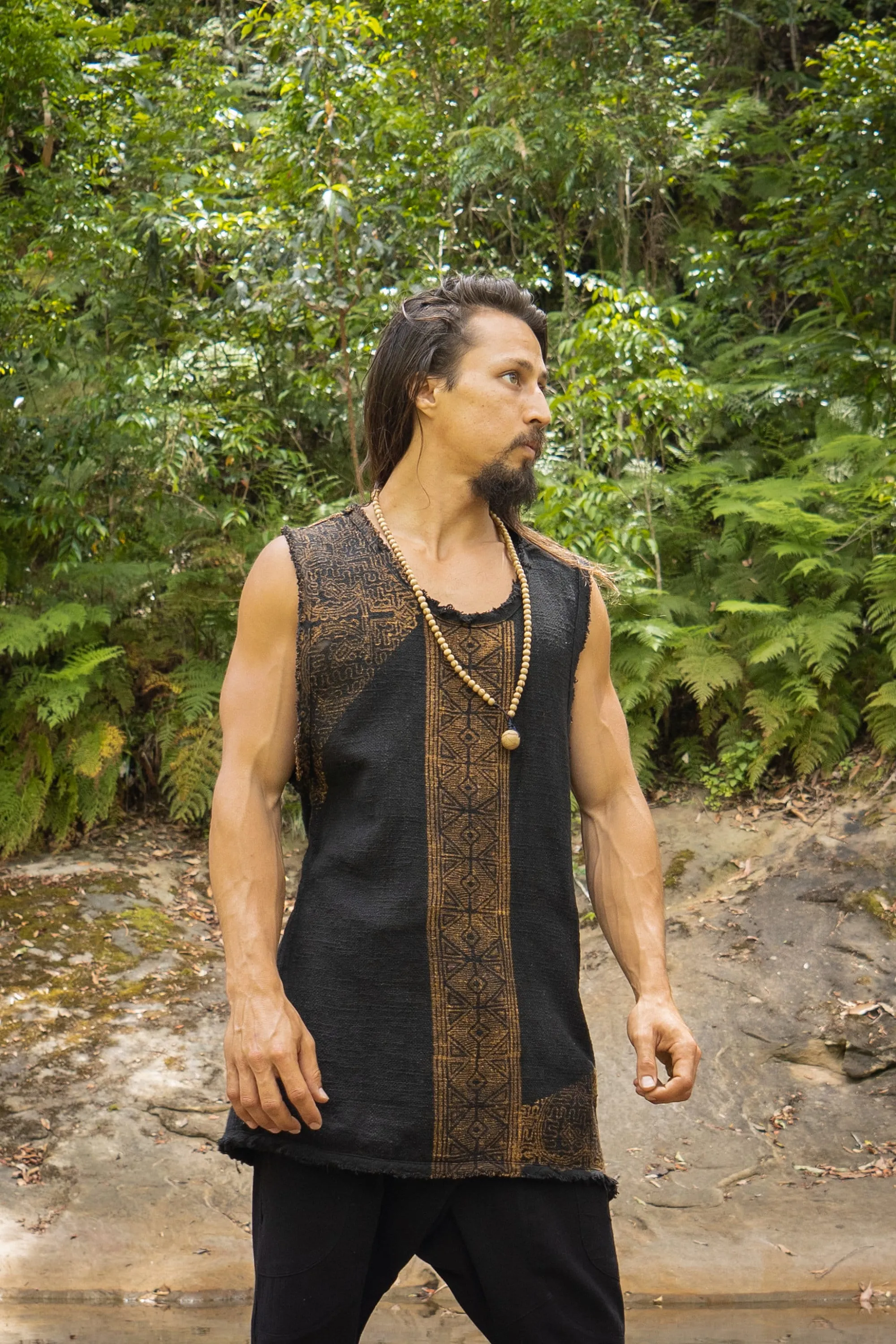 AKAU Tank Top Black Sleeveless Shirt Shipibo Block Printed Handmade Natural Muscle Cotton Shamanic Tribal Festival Ceremony Ritual AJJAYA sold by Ajjaya product image thumbnail 3