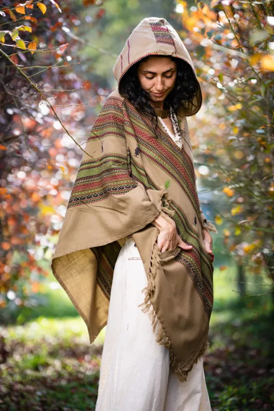 HODDI Womens Hooded Poncho Desert Sand Wool Hood Pockets Earthy Tribal Pattern Festival AJJAYA Mexican Primitive sold by Ajjaya