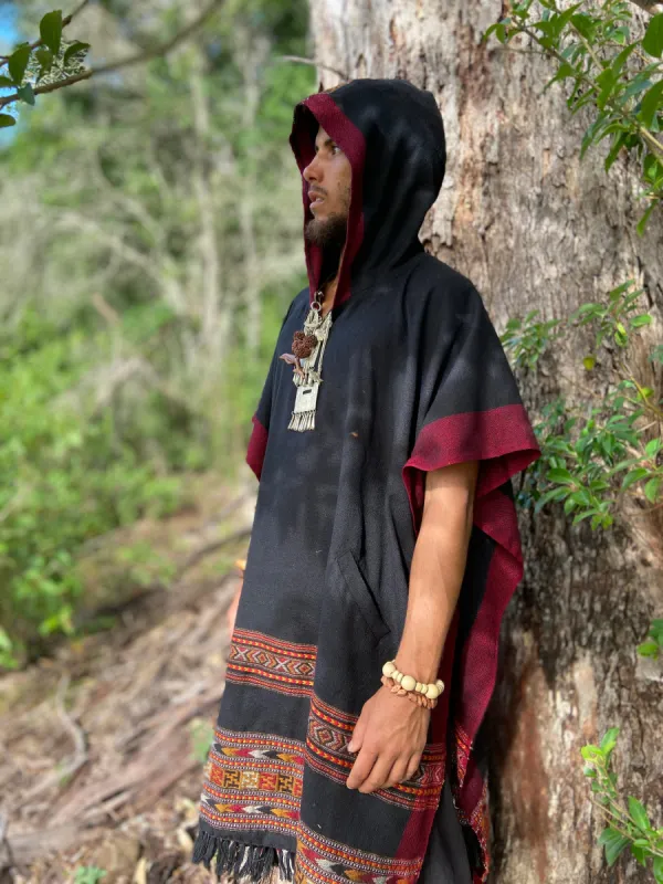 SAMADHI Mens Hooded Poncho Long Black YAK Wool and Acrylic Wool Blend with Tribal Embroidery Large Hood Pockets Primitive Mexican AJJAYA sold by Ajjaya