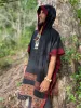 SAMADHI Mens Hooded Poncho Long Black YAK Wool and Acrylic Wool Blend with Tribal Embroidery Large Hood Pockets Primitive Mexican AJJAYA sold by Ajjaya