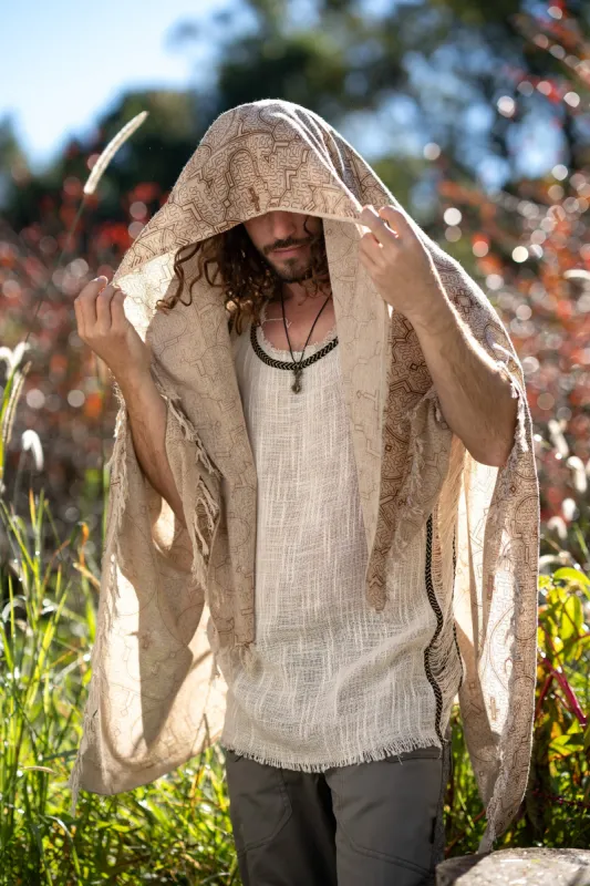 SHIPIBO Cotton Scarf Shawl Beige Sacred Pattern Festival Ritual Ceremony Shamanic Natural Ethnic Gypsy Boho Sarong Wrap Rave Shaman AJJAYA sold by Ajjaya