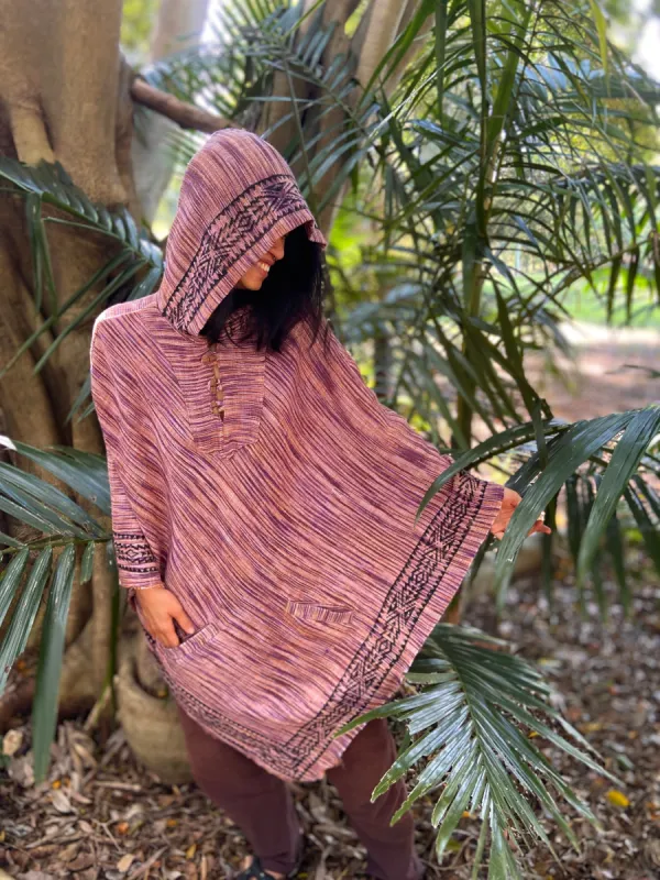 EUROKA Womens Hooded Khadi Cotton Vegan Poncho with hood Purple ethnic block printed patterns gypsy festival ceremony ritual tribal AJJAYA sold by Ajjaya