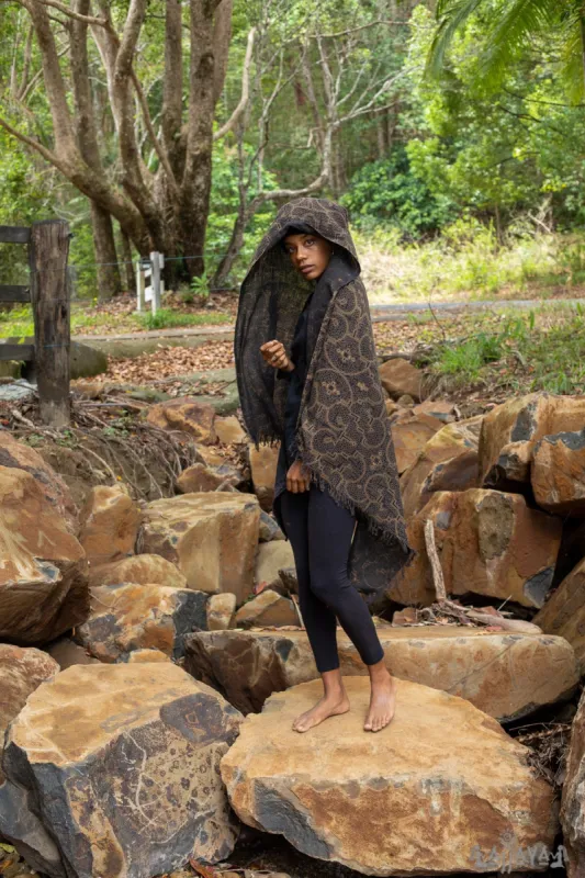 SHIPIBO Black Gold Scarf Cotton Shawl Sacred Geometry Pattern Festival Ritual Ceremony Shamanic Ethnic Gypsy Boho Sarong Wrap Shaman AJJAYA sold by Ajjaya