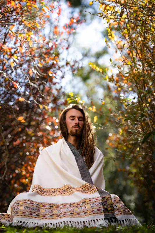 SAMADHI Shawl Meditation Prayer Blanket Cosy Pure White Tibetan Winter Tribal Embroidery Zen AJJAYA sold by Ajjaya