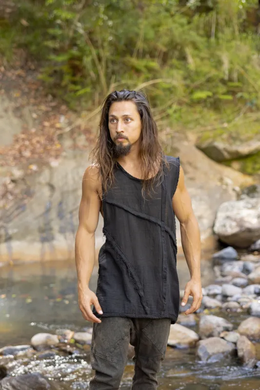 ARIKI Mens Black Tank Muscle Top Sleeveless Shirt Loose Fit Handmade Cotton Tribal Festival Natural Dyed Earthy Dystopian Steampunk AJJAYA sold by Ajjaya