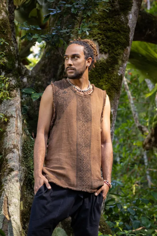 AKAU Tank Top Brown Sleeveless Shirt Shipibo Block Printed Handmade Natural Muscle Cotton Shamanic Tribal Festival Ceremony Ritual AJJAYA made by Ajjaya