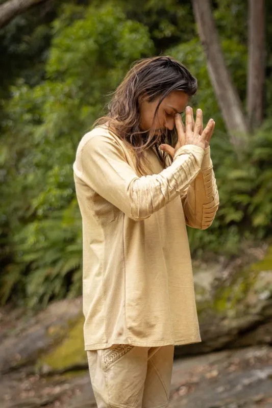 JAMIS Sand Beige Mens Jumper Long Sleeve Top Pullover Handmade Apocalyptic Dune Rugged Stone Washed Primitive Festival Steampunk AJJAYA made by Ajjaya