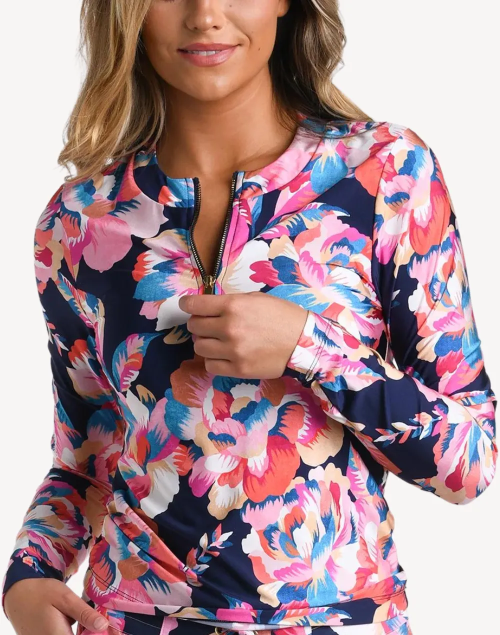 Denim Bouquet Half Zip UPF 50 Rashguard sold by swimco