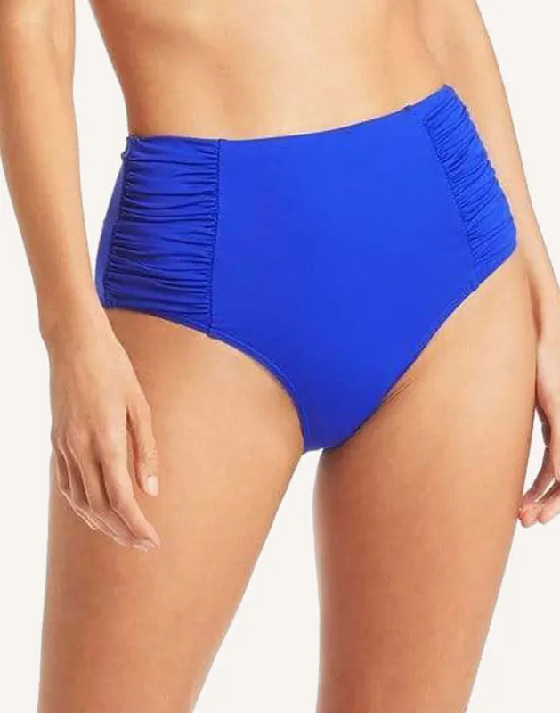 Essentials Cobalt Gather Side High Waist Bikini Bottom sold by swimco
