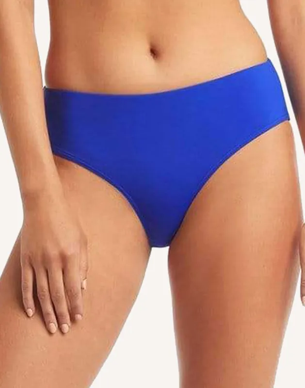 Essentials Cobalt Mid Rise Bikini Bottom sold by swimco