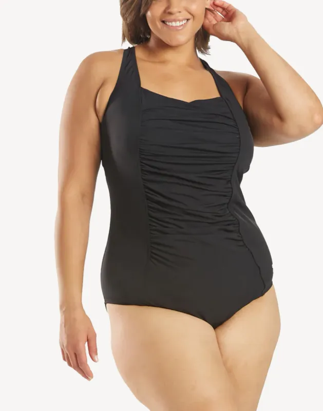 Solid Shirred Plus Size Polyester One Piece Swimsuit sold by swimco