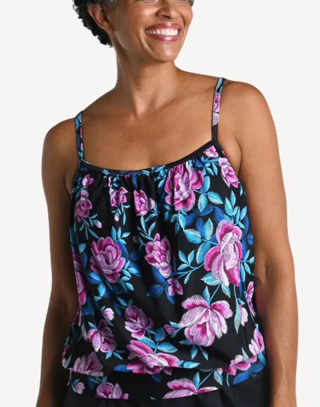 Midnight Orchid Blouson Tankini Top sold by swimco