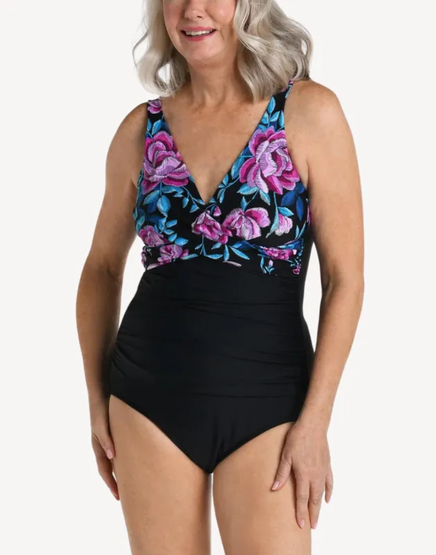 Midnight Orchid Wrap Front One Piece Swimsuit sold by swimco