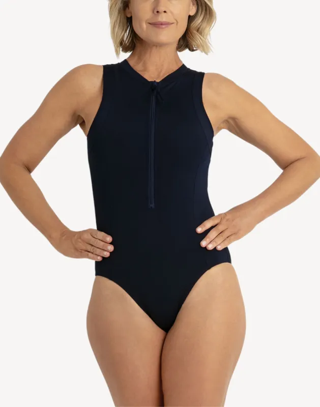 Sleeveless Mastectomy Zip Front Polyester One Piece Swimsuit sold by swimco