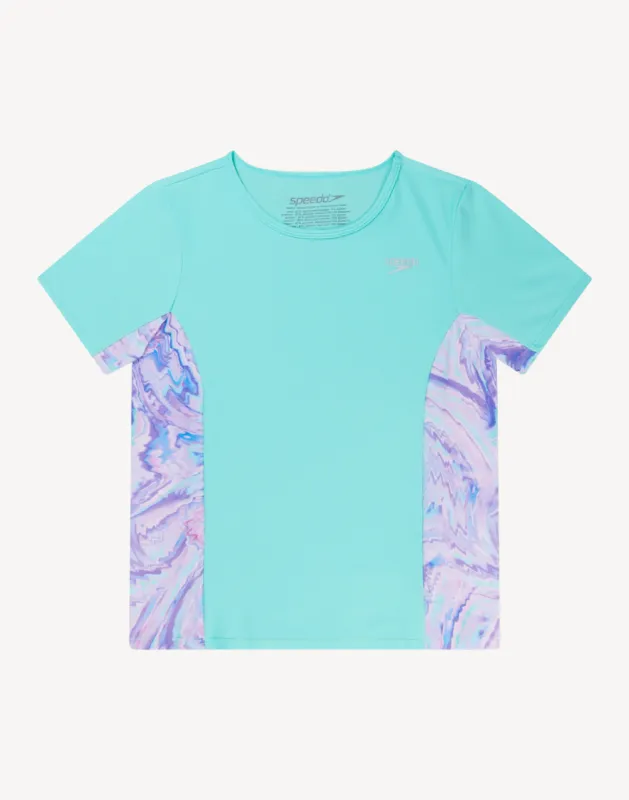 Girls Printed Splice UPF 50+ Short Sleeve Swim Shirt made by Speedo