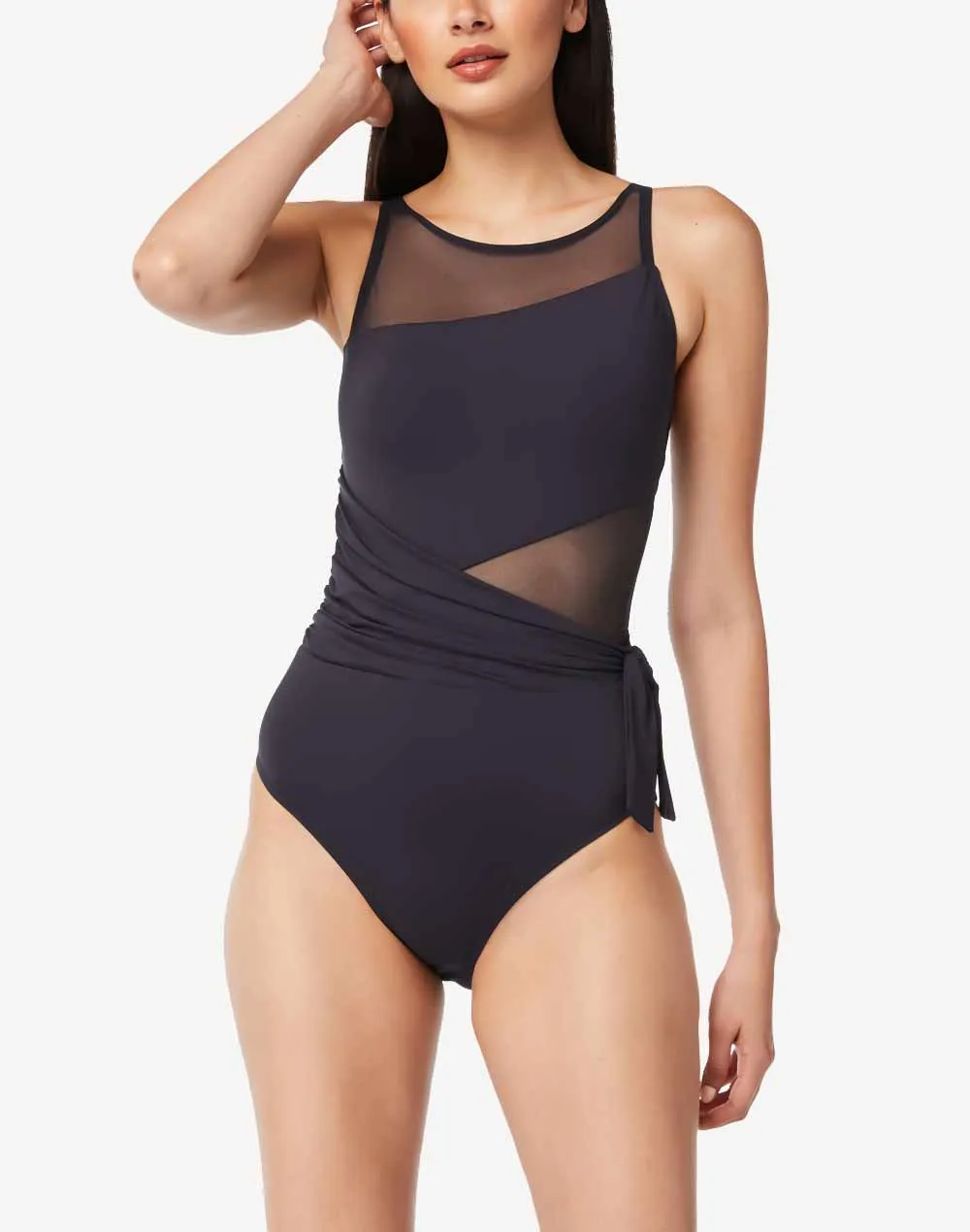 Don't Mesh With Me High Neck Side Tie One Piece sold by swimco